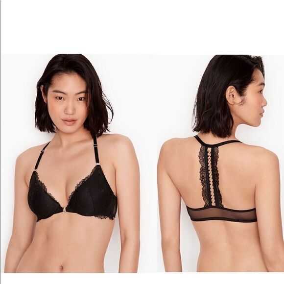 Victoria’s Secret Push-Up Strappy Plunge Bra in Black Lace - Picture 1 of 14